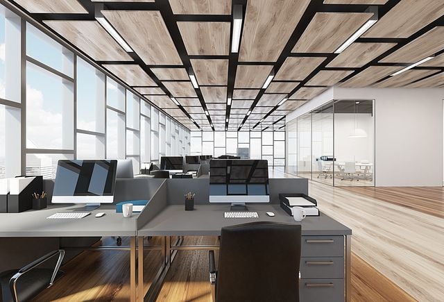 Wooden floor open office interior with panoramic windows and a rectangular ceiling pattern