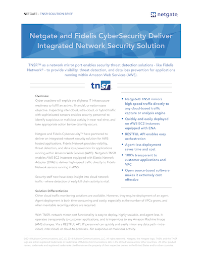 Front page preview of TNSR and Fidelis CyberSecurity Deliver Integrated Network Security Solutiong Solution Brief